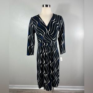 Talbots Casual Career Blue, Black & White V-neck Reflection Dress…